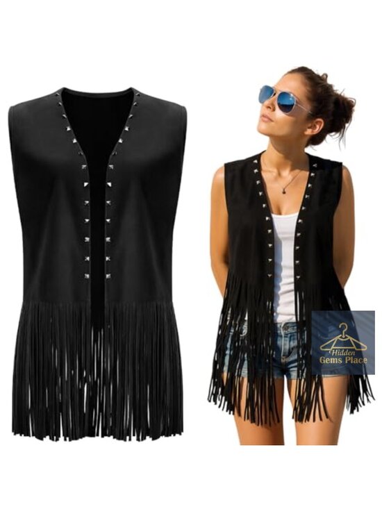 Jackets & Blazers - Women's Faux Suede Fringe Vest Sleeveless Tassel Western Cowgirl Jacket